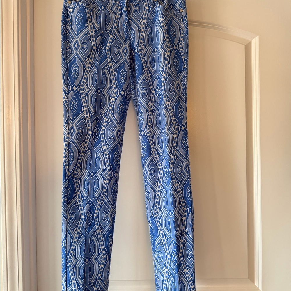 J. McLaughlin Blue White Print Jeans Women's Sz 0 95% Cotton 5% Spandex EUC